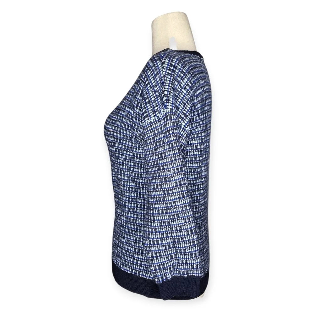 J.Crew Blue Plaid Tweed Knit Wool Blend Sweater Large 3/4 Sleeve